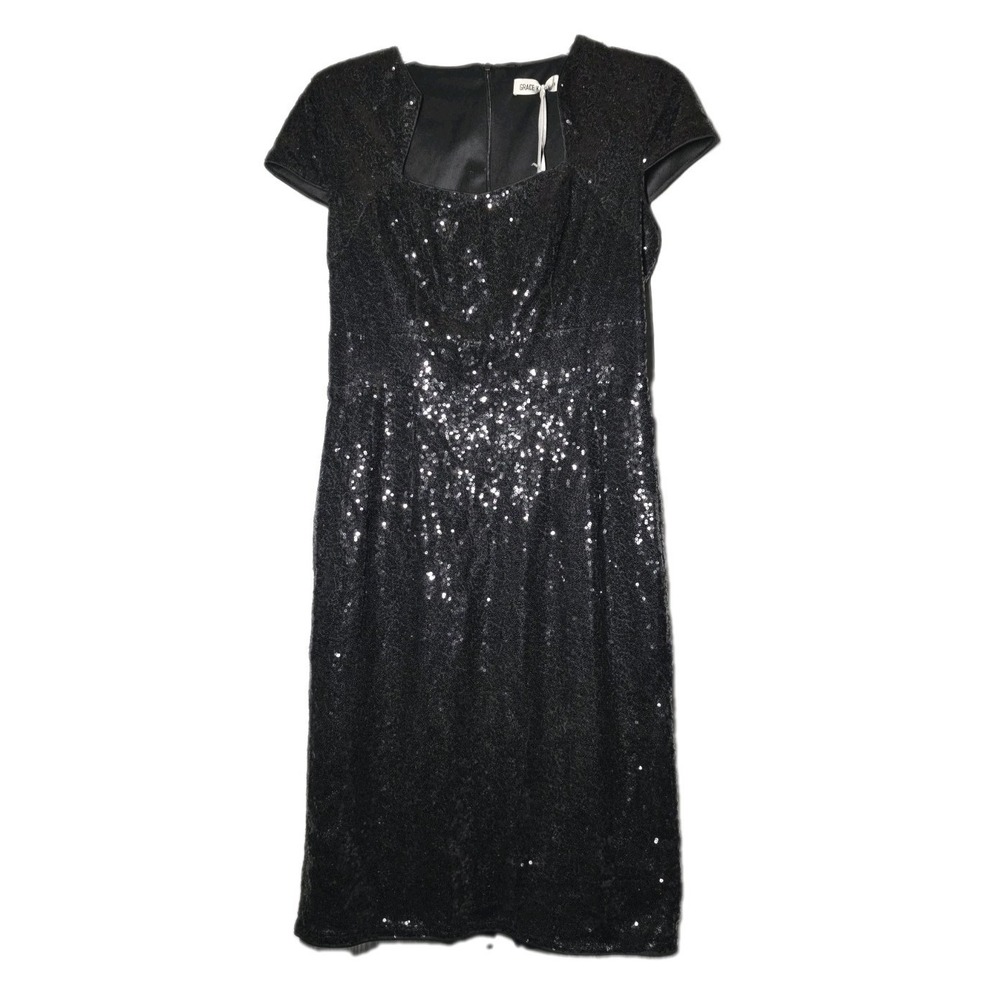 Grace Karin Womens Size Medium Black Sequin Dress Short‎ Sleeves Midi Cocktail